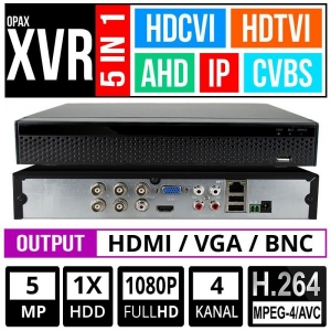 OPAX-11094 4 KANAL 5 MP &amp; 1080P H.264 5 in 1 XVR AHD/CVI/TVI/IP/ANALOG 1 HDD HDMI/VGA/ANALOG VIDEO ÇIKIŞ